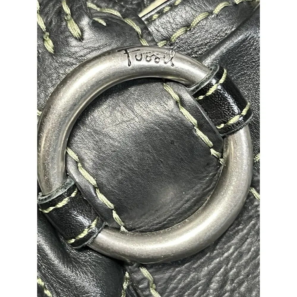 Fossil Leather Handbag Shoulder Tote Bag Black Large Braided Straps Key Charm - Picture 8 of 16